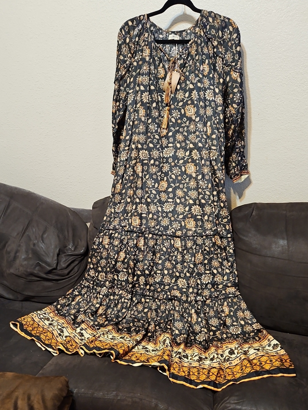 NATURAL LIFE Boho Black Maxi Dress with Tan Floral Print